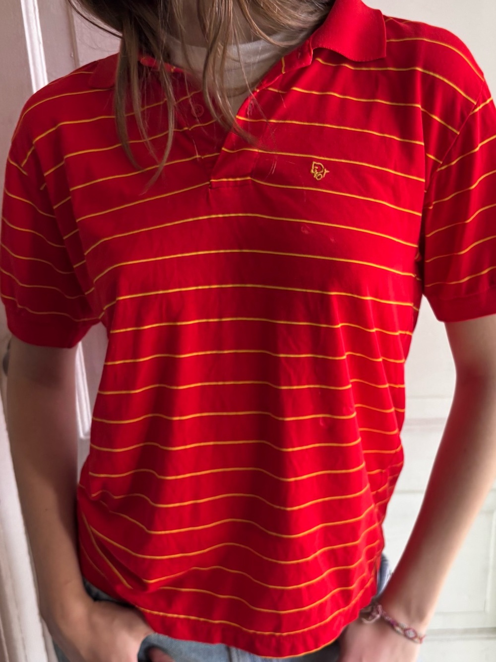 Vintage Christian Dior Monsieur red polo shirt with  yellow pin stripes 
M